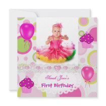 First Birthday 1st Girl Cupcakes Pink Balloons Custom Announcements