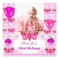 First Birthday 1st Girl Hot Pink Butterfly Custom Announcement