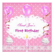 First Birthday 1st Girl Pink Balloons Cupcake Custom Invites