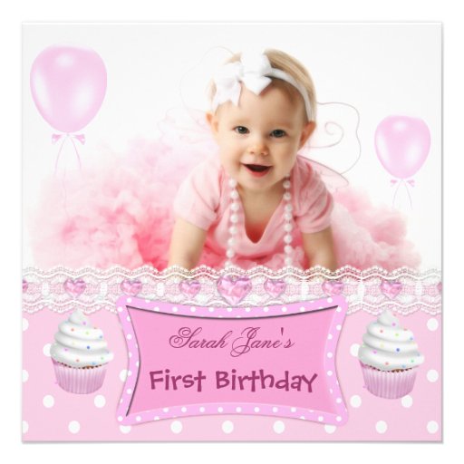 First Birthday 1st Girl Pink Cupcakes Baby Custom Announcements