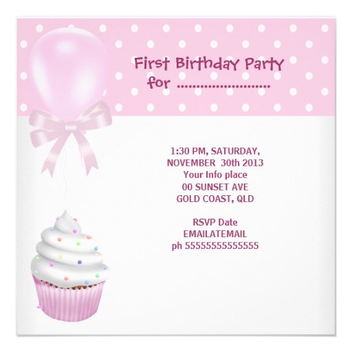 First Birthday 1st Girl Pink Cupcakes Baby Custom Announcements