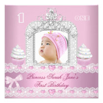 First Birthday 1st Girl Pink Princess Tiara invitations
