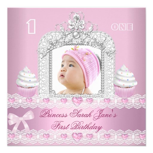 First Birthday 1st Girl Pink Princess Tiara Custom Invitation