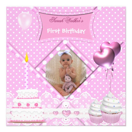 First Birthday 1st Girl Spot Pink Cupcake Cake Invites