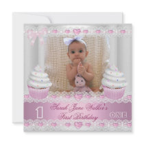 First Birthday 1st Girl White Pink Cupcake Baby 2 Custom Invite