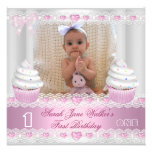First Birthday 1st Girl White Pink Cupcake Baby 2 Custom Invite