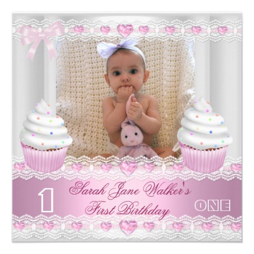 First Birthday 1st Girl White Pink Cupcake Baby 2 Custom Invite