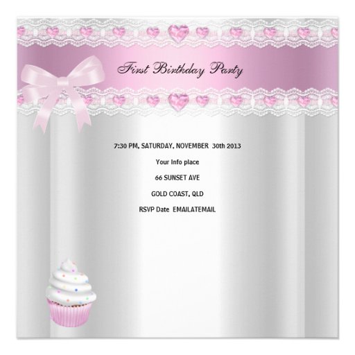 First Birthday 1st Girl White Pink Cupcake Baby 2 Custom Invite
