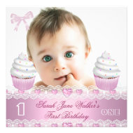 First Birthday 1st Girl White Pink Cupcake Baby 3 Announcements