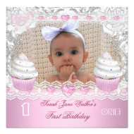 First Birthday 1st Girl White Pink Cupcakes Baby 4 Invitation
