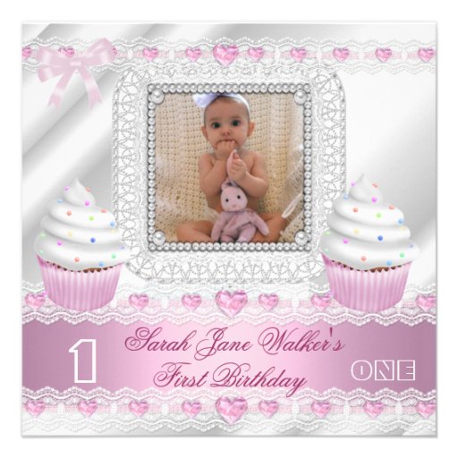 First Birthday 1st Girl White Pink Hearts Baby Custom Invite