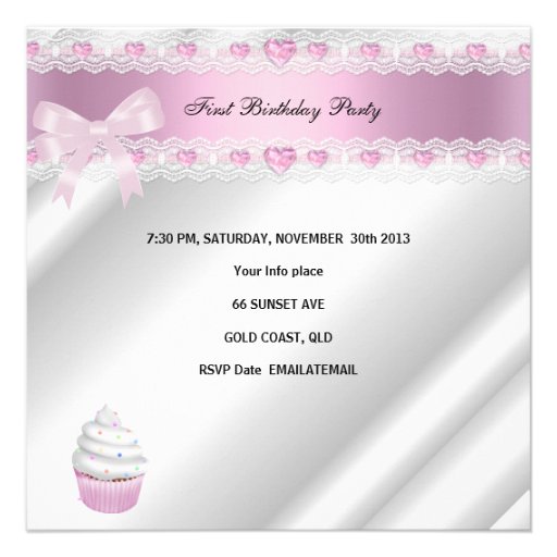 First Birthday 1st Girl White Pink Hearts Baby Custom Invite