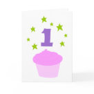 postcard - A fun pink cupcake with pink frosting and a purple candle make this invitation simply delicious for a first birthday party.  Don't miss our matching postage.