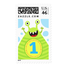 First birthday funny green monster postage stamp