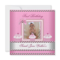 First Birthday Girl Pink Cupcakes White Baby Personalized Announcement