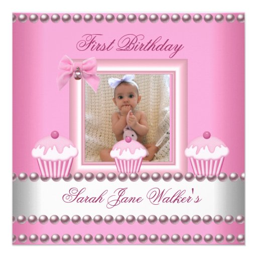 First Birthday Girl Pink Cupcakes White Baby Personalized Announcement
