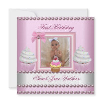 First Birthday Girl Pink Cupcakes White Pearl Baby Personalized Announcements
