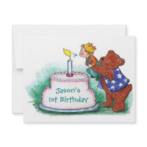 FIRST BIRTHDAY PARTY INVITATION BEAR HOLDING BOY