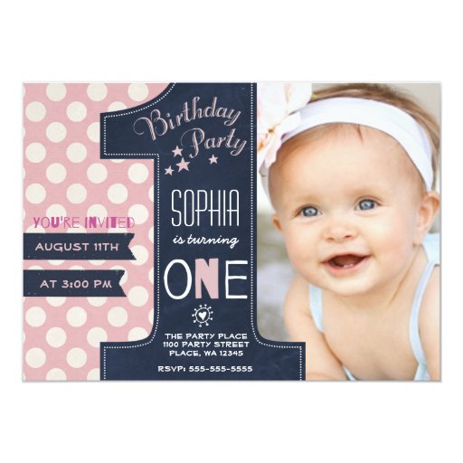 First Birthday Party Invitation Girl Chalkboard (front side)