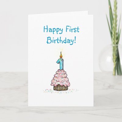 First birthday religious card. Baby's first birthday cupcake and candle 