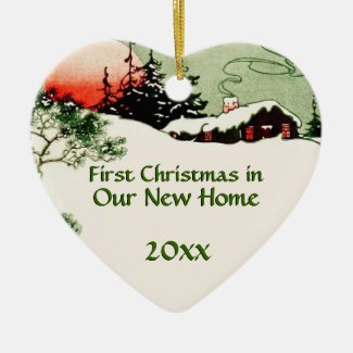 First Christmas in New Home Country Cabin Heart Double-Sided Heart Ceramic Christmas Ornament