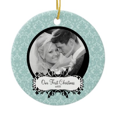 First Christmas Photo Ornament Blue Damask