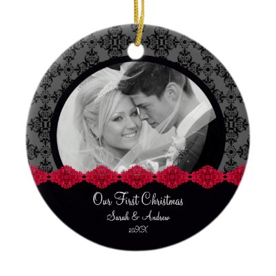 First Christmas Photo Ornament Couple Black Damask