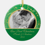 First Christmas Photo Ornament Gold Floral Green