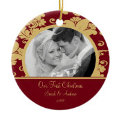 First Christmas Photo Ornament Red &amp; Gold Damask