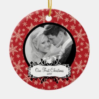 First Christmas Photo Ornament Snowflakes Red