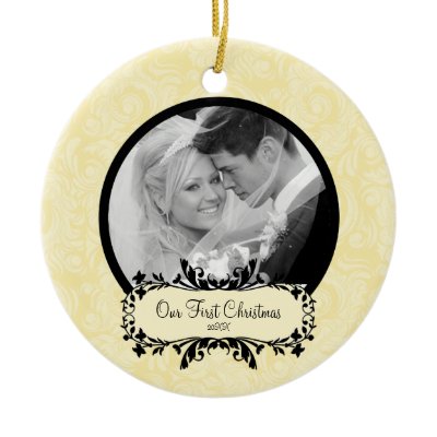 First Christmas Photo Ornament Yellow Damask