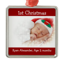 First Christmas Red and White Photo Ornament ornaments
