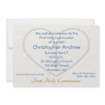 First Communion Blue Rosary Beads Heart Invitation