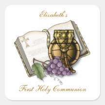 First Communion Chalice, Bible, Grapes Square Stickers