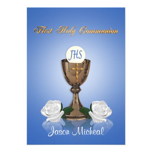 First communion invitation Chalice on blue