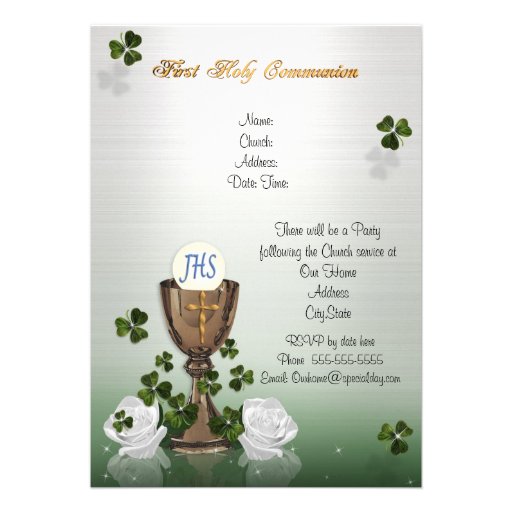 First Communion invitation with Irish shamrocks