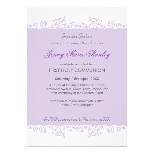 FIRST COMMUNION INVITES pretty curls violet purple