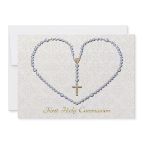 First Communion Invitations with Rosary Heart Blue