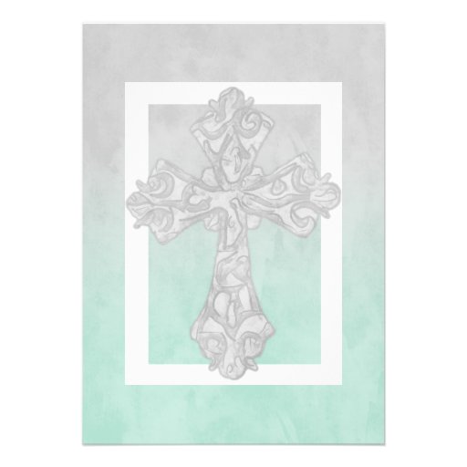First Communion Watercolor Cross Gray and Mint Custom Invite