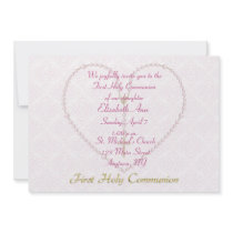 First CommunionPink Rosary Beads Heart Custom Invite