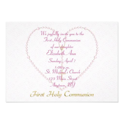 First CommunionPink Rosary Beads Heart Custom Invite