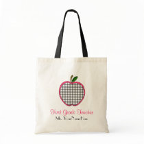 First Grade Teacher Bag - Gray Gingham Apple