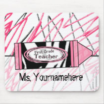 First Grade Teacher Mousepad - Zebra Print Crayon