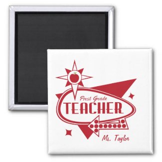 First Grade Teacher Retro Red 60's Inspired Sign magnet