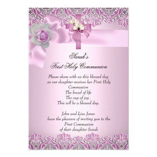 First Holy Communion 1st Cross Girls Pretty Pink Custom Invites