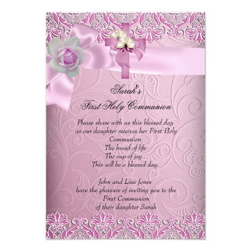 First Holy Communion 1st Cross Girls Pretty Pink Custom Invitation