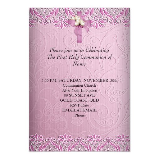 First Holy Communion 1st Cross Girls Pretty Pink Custom Invitation