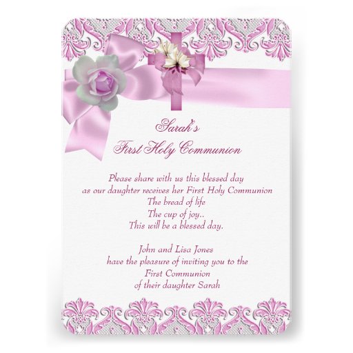 First Holy Communion 1st Cross Girls White Pink 2 Invitations