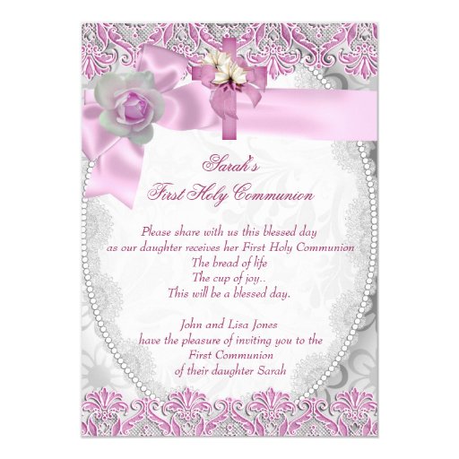First Holy Communion 1st Cross Girls White Pink 3 Custom Invitation