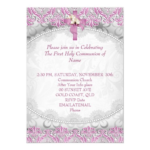 First Holy Communion 1st Cross Girls White Pink 3 Custom Invitation